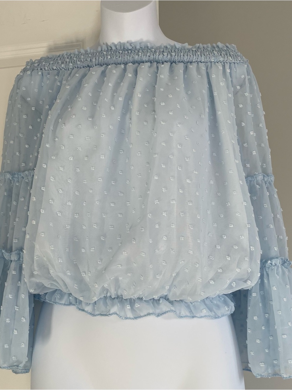 HL Affair Light Blue Swiss Dot Cute & Airy Off-Shoulder Top